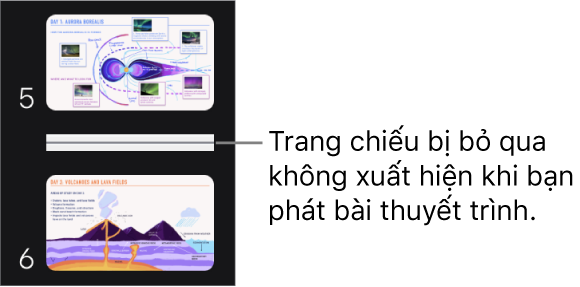 Trình điều hướng trang chiếu với trang chiếu bị bỏ qua đang hiển thị dưới dạng một đường ngang.