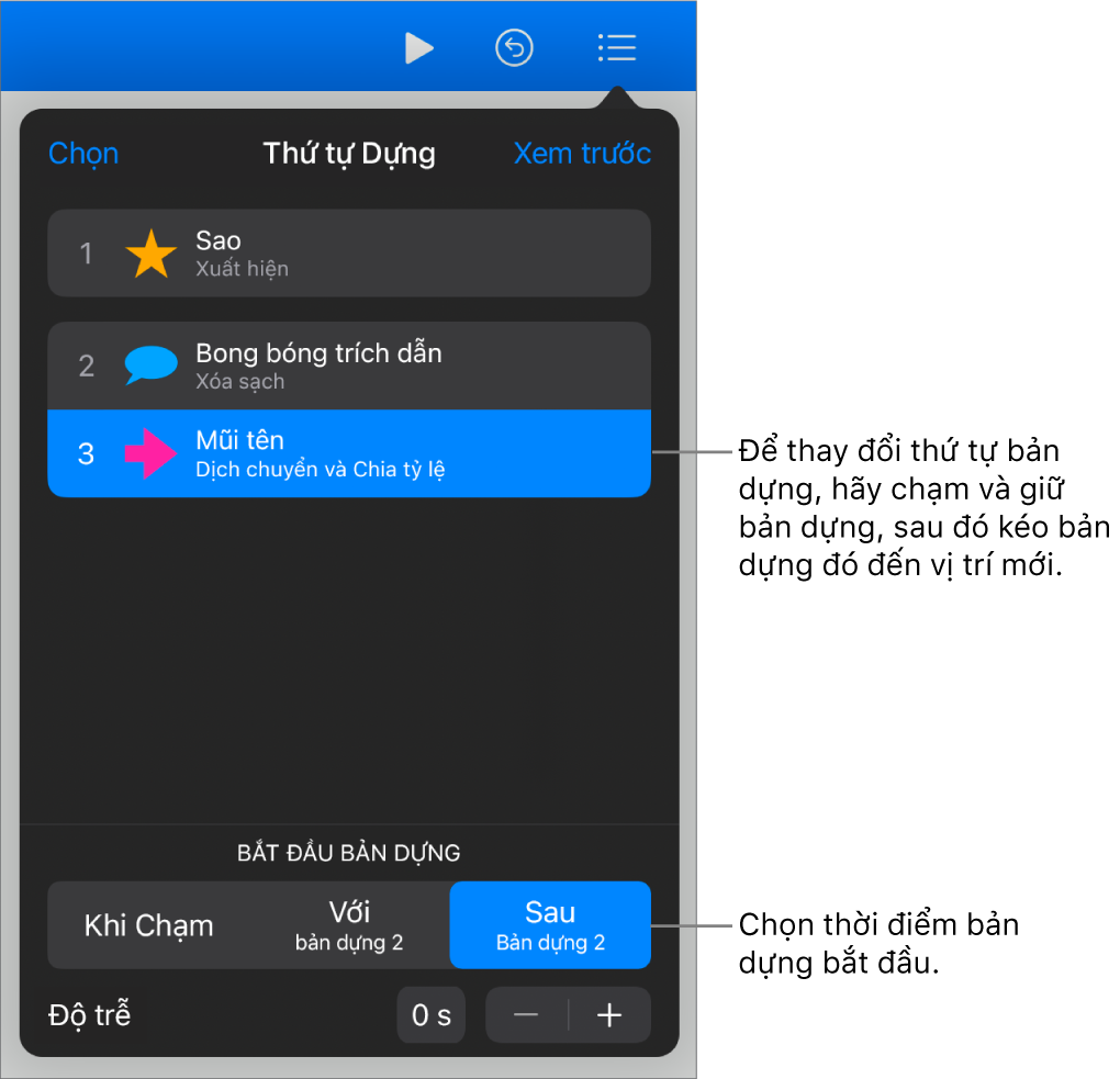 Danh sách Thứ tự Bản dựng đang hiển thị hiệu ứng xuất hiện với biểu tượng màu vàng và hiệu ứng biến mất với biểu tượng màu xám.