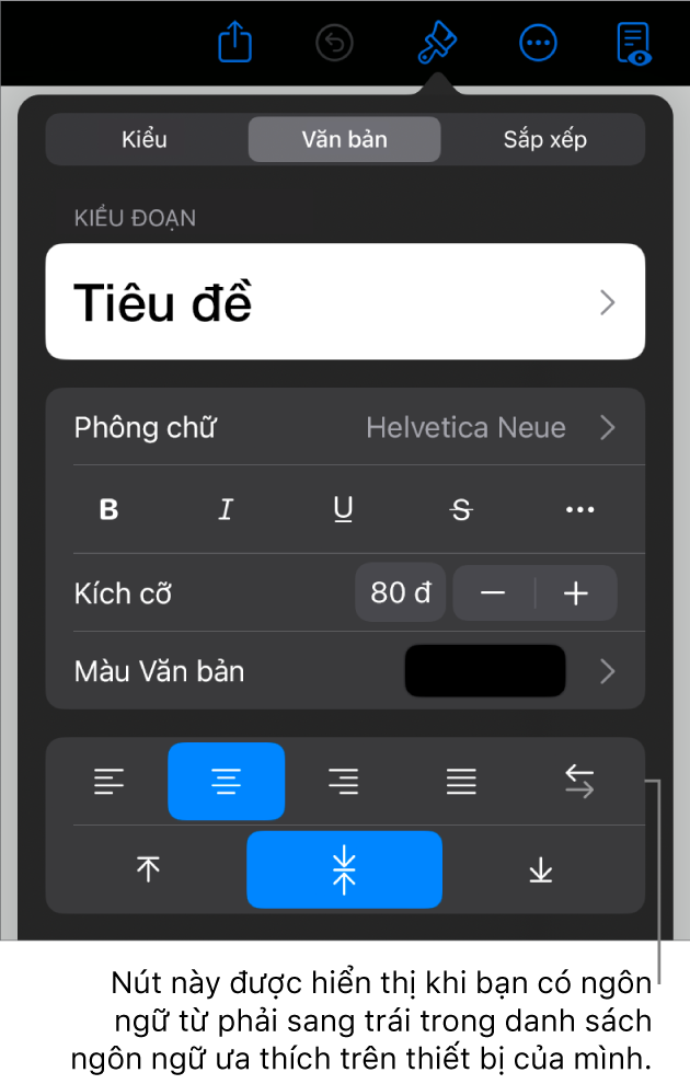 Các điều khiển văn bản trong menu Định dạng với chú thích tới nút Trái sang phải.