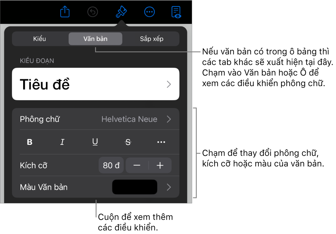 Các điều khiển văn bản trong menu Định dạng để đặt kiểu, phông chữ, kích cỡ và màu của đoạn và ký tự.