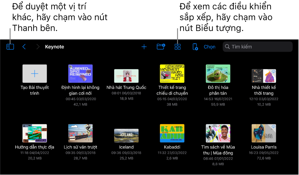 Chế độ xem duyệt của trình quản lý bài thuyết trình với một liên kết vị trí ở góc trên cùng bên trái và trường Tìm kiếm ở trên cùng bên phải. Ở đầu màn hình là nút Thêm; nút Thư mục mới; nút Biểu tượng được sử dụng để lọc theo tên, ngày, kích cỡ, loại và thẻ; nút Điều khiển từ xa; và nút Chọn. Bên dưới các nút đó là các hình thu nhỏ của các bài thuyết trình hiện có.