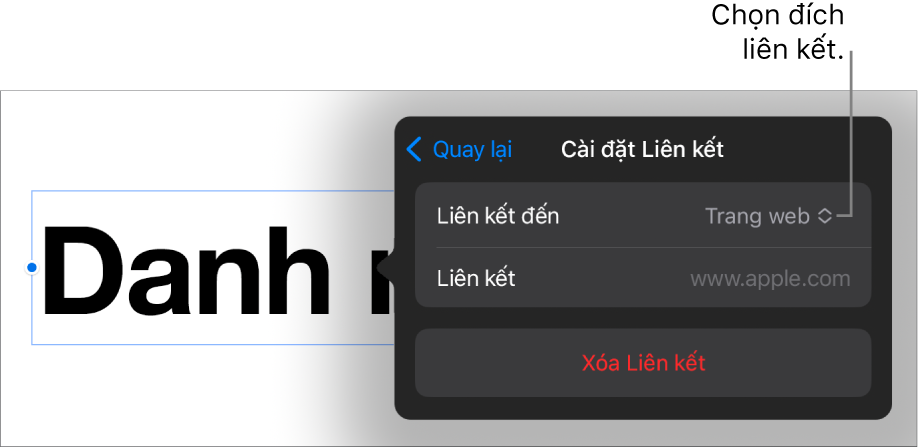 Các điều khiển Cài đặt Liên kết với Trang web được chọn và nút Xóa liên kết nằm ở cuối.