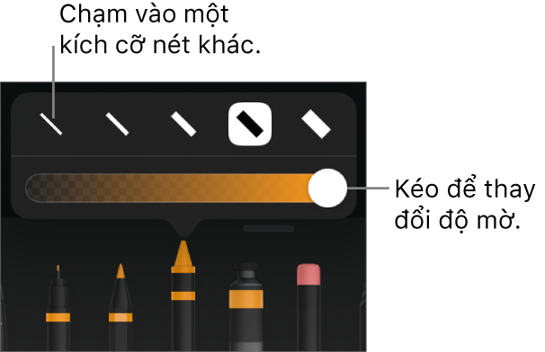Các điều khiển để chọn một kích cỡ nét và thanh trượt để điều chỉnh độ mờ.
