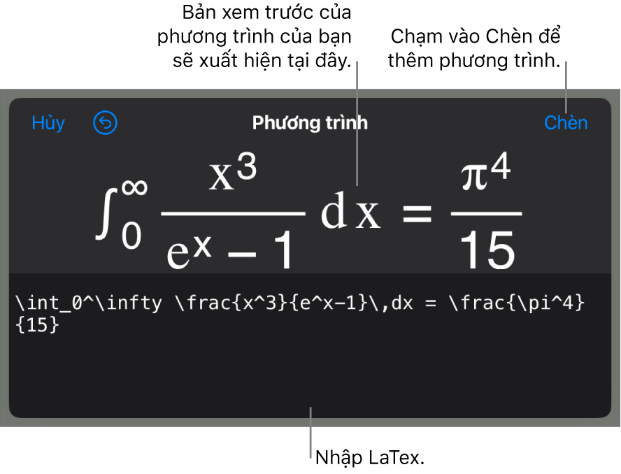 Hộp thoại Phương trình, đang hiển thị phương trình được viết bằng các lệnh LaTex và bản xem trước của công thức ở bên trên.