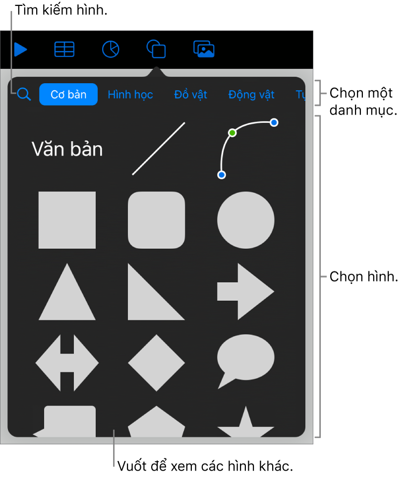 Thư viện hình dạng, với các danh mục ở trên cùng và các hình được hiển thị ở bên dưới. Bạn có thể sử dụng trường tìm kiếm ở trên cùng để tìm các hình và vuốt để xem thêm.