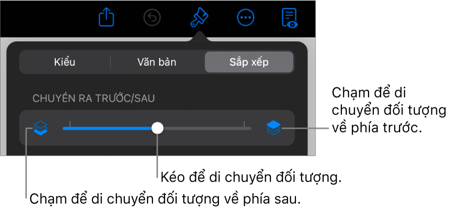 Nút Chuyển ra sau, nút Chuyển ra trước và thanh trượt tạo lớp.