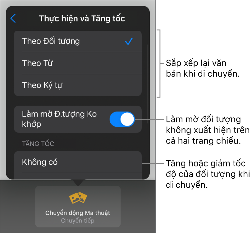 Các tùy chọn thực hiện và tăng tốc Chuyển động ma thuật trong khung Tăng tốc.