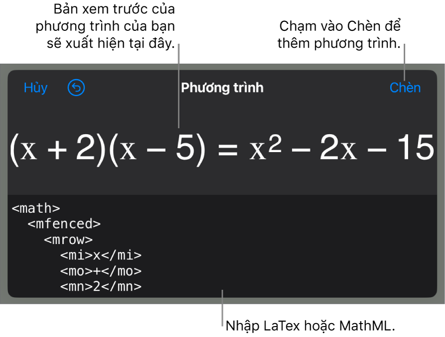 Hộp thoại Phương trình, đang hiển thị phương trình được viết bằng các lệnh MathML và bản xem trước của công thức ở bên trên.