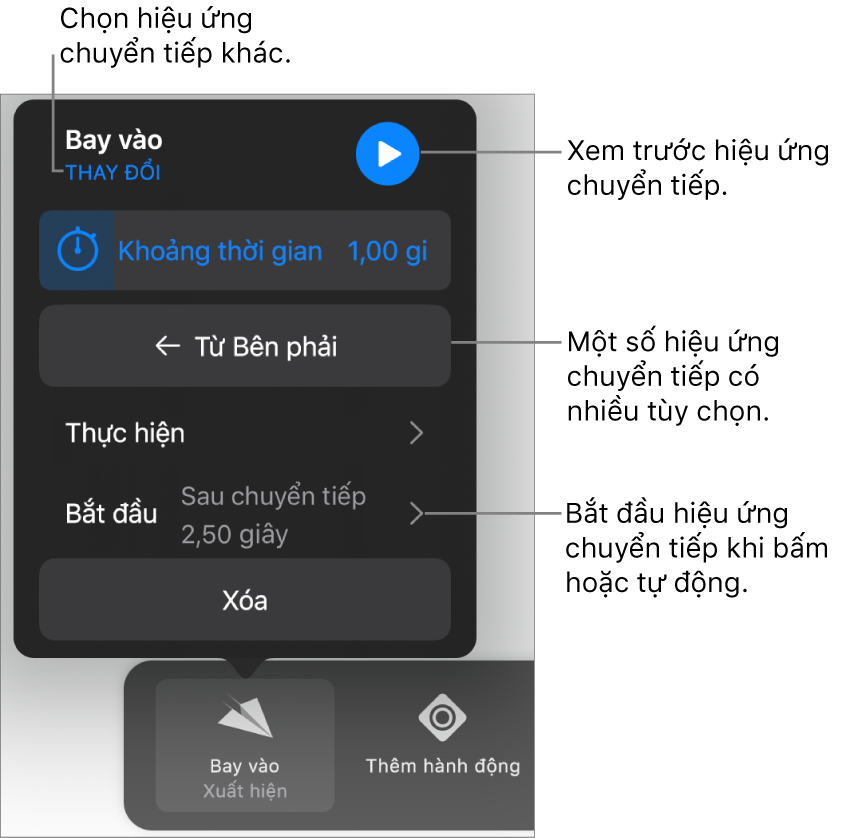 Các điều khiển trong khung Tùy chọn để sửa đổi hiệu ứng chuyển tiếp.
