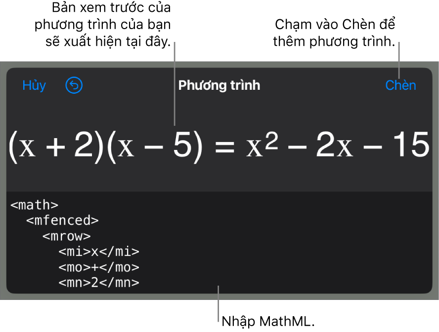 Hộp thoại Phương trình, đang hiển thị phương trình được viết bằng các lệnh MathML và bản xem trước của công thức ở bên trên.