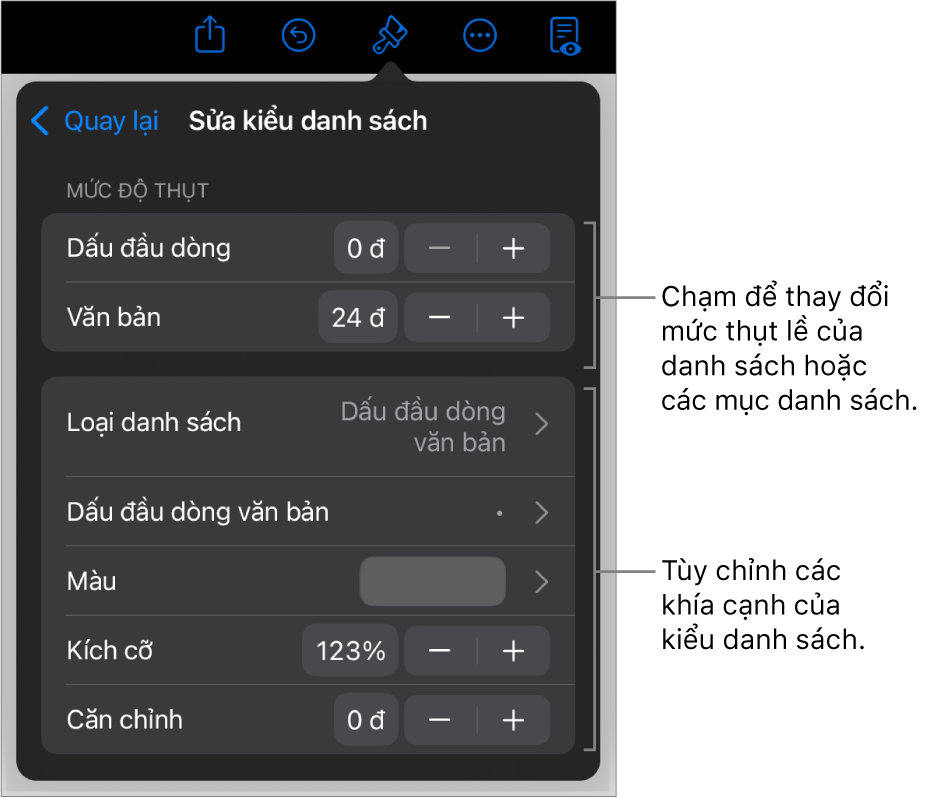 Menu Sửa kiểu danh sách với các điều khiển để sửa loại và giao diện của danh sách.