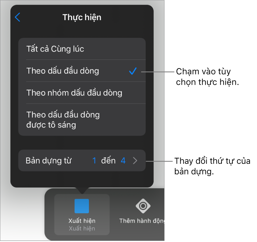 Tùy chọn Thực hiện trong khung Xuất hiện.