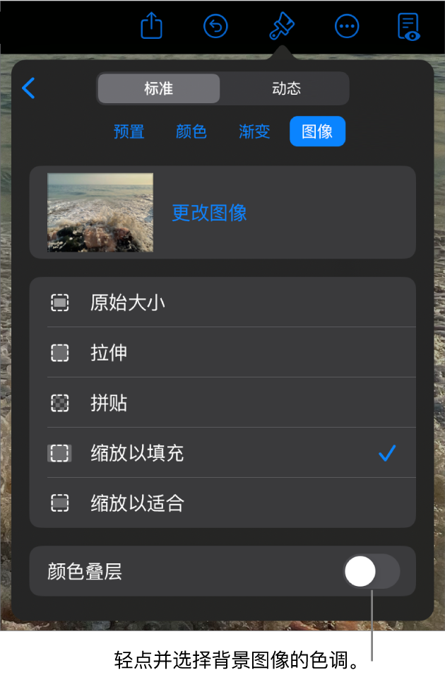 “背景”控制，其中图像设为幻灯片背景，底部为“颜色叠层”控制。
