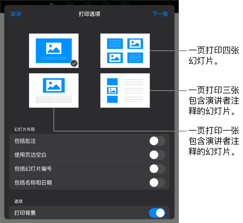 打印布局选项。