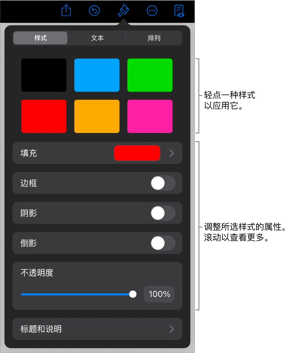 “格式”菜单中的“样式”标签,顶部为对象样式,样式下方为更改边框、阴影、倒影和不透明度的控制。