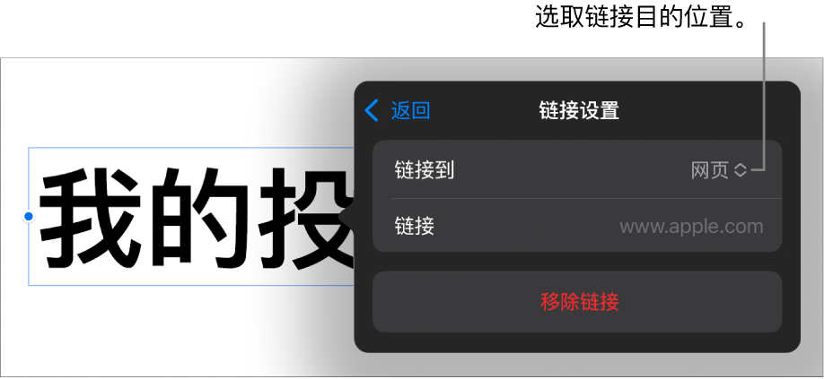 “链接设置”控制，“网页”已选中，“移除链接”按钮位于底部。
