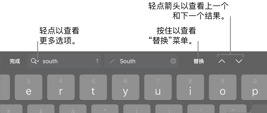 键盘上方的“查找与替换”控制，标注框指向“搜索选项”、“替换”、“前往上一个”和“前往下一个”按钮。