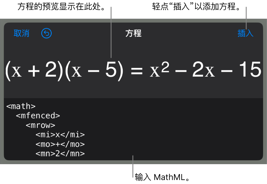 “方程”对话框，显示使用 MathML 命令所写的方程，以及上方公式的预览。