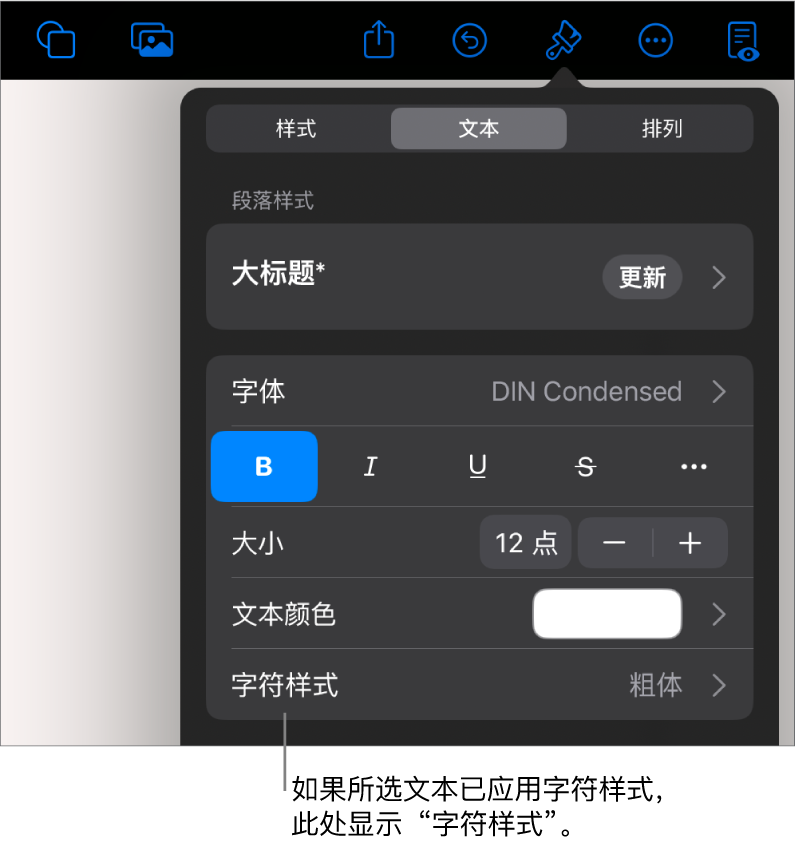 “颜色”控制下方的“文本”格式控制和“字符样式”。带星号的字符样式“无”。