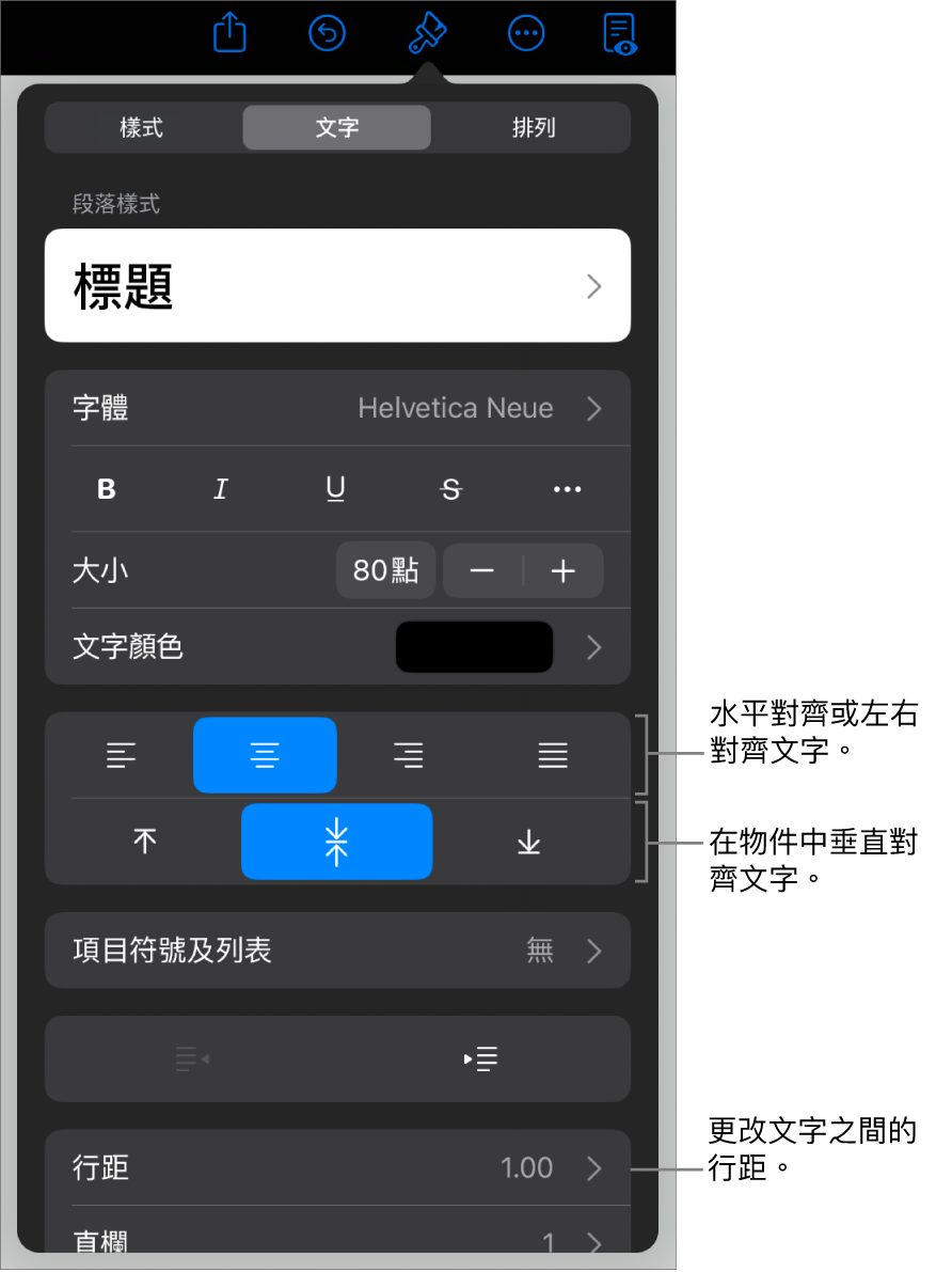 「佈局」面板，説明文字指向文字對齊方式和間距按鈕。