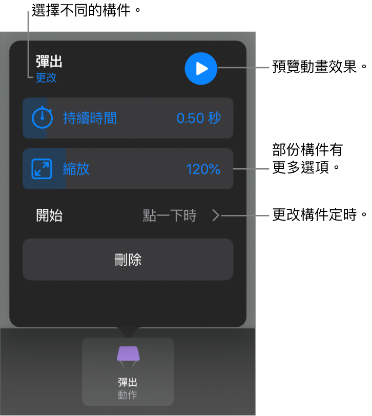 構件選項包含「持續時間」和「開始時間」。點一下「更改」來選擇不同構件，或點一下「預覽」來預覽構件。