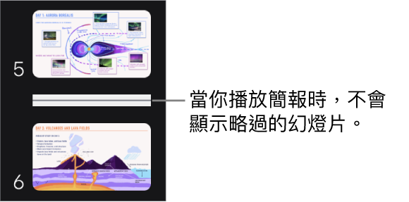 略過幻燈片在幻燈片導覽器中會顯示為一條水平線。