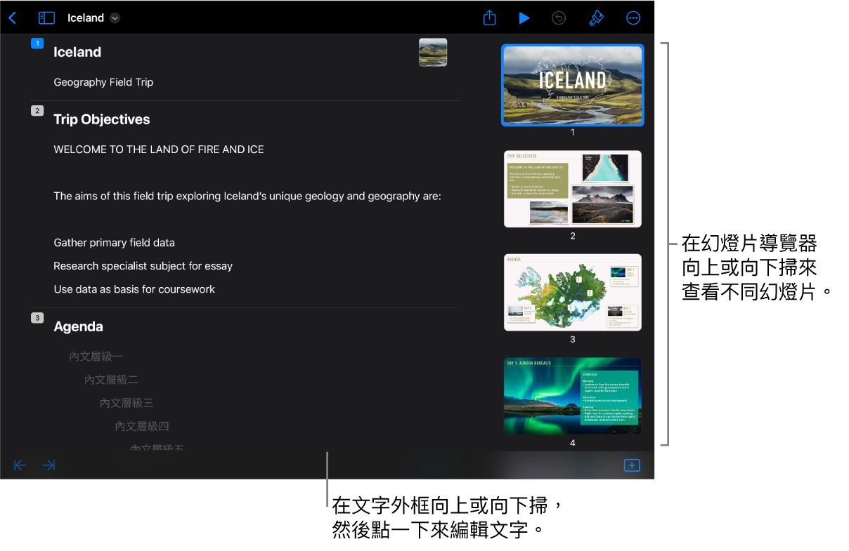 大綱顯示方式，其中螢幕左側為文字大綱，右側則是垂直幻燈片導覽器。
