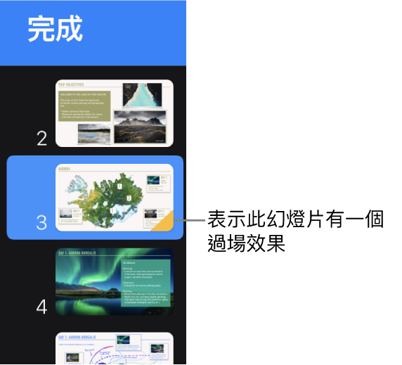 幻燈片上的黃色三角形表示該幻燈片包括過場效果。
