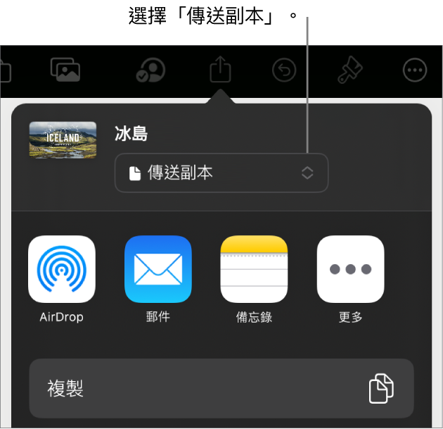 共享選單最上方的「傳送副本」已被選取。