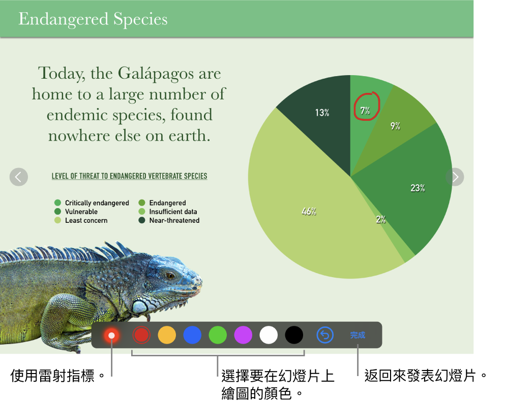 幻燈片圖解模式中的幻燈片顯示雷射筆和顏色選取控制項目。