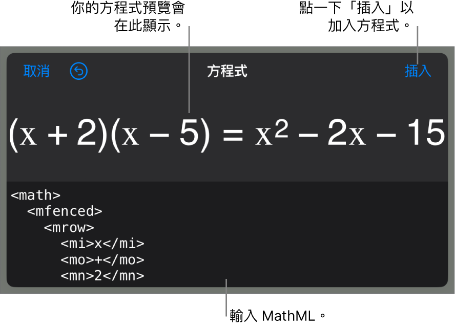 「方程式」對話框，顯示使用 MathML 指令寫入的方程式，上方是公式的預覽。