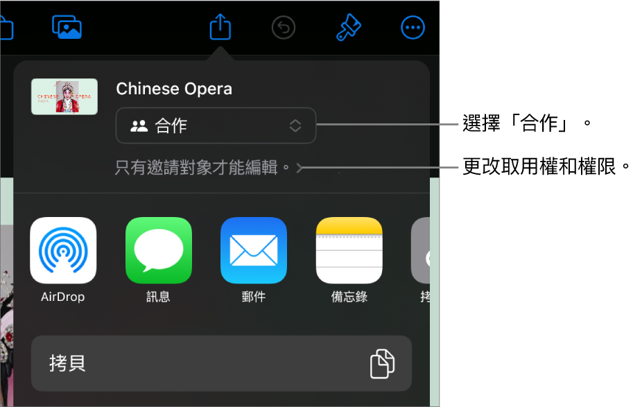 「分享」選單的最上方已選取「合作」，其下方為取用和權限設定。
