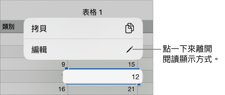 已選取一個表格輸入格，其上方為帶有「拷貝」和「編輯」按鈕的選單。