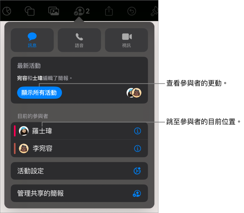 合作選單列出目前的參與者。