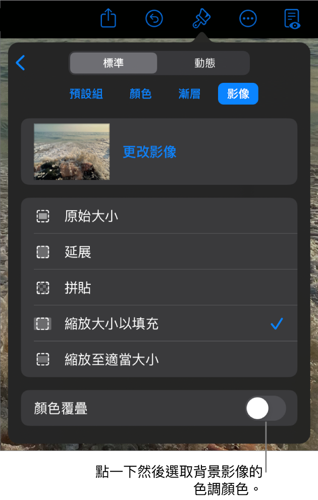「背景」控制項目底部為設為幻燈片背景的影像和「顏色覆疊」控制項目。