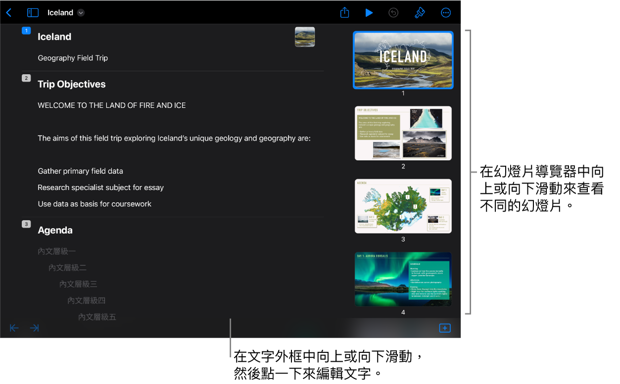 大綱顯示方式在螢幕左側帶有文字大綱，右側為垂直幻燈片導覽器。