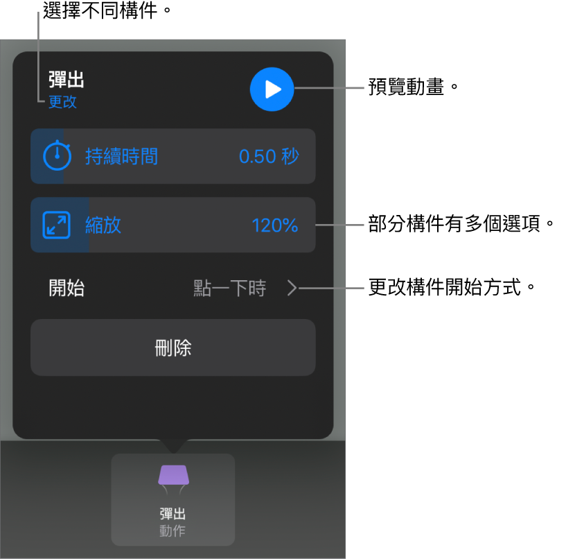 構件選項包含「持續時間」和「開始時間」。點一下「更改」來選擇不同構件，或點一下「預覽」來預覽構件。