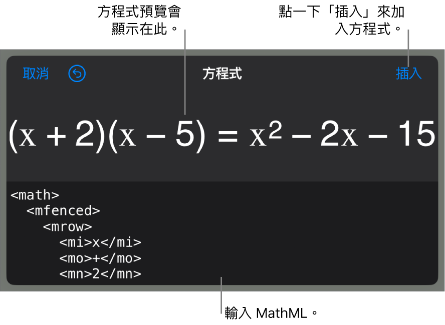 「方程式」對話框，顯示使用 MathML 指令寫入的方程式，上方是公式的預覽。