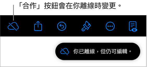 螢幕最上方的按鈕，「合作」按鈕變更為帶有對角線穿過的雲狀。螢幕上的提示顯示「你已離線，但仍可編輯」。