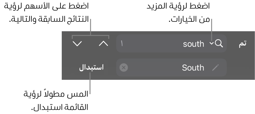 عناصر تحكم البحث والاستبدال أعلى لوحة المفاتيح مع وسائل شرح لأزرار خيارات البحث والاستبدال والانتقال لأعلى والانتقال لأسفل.