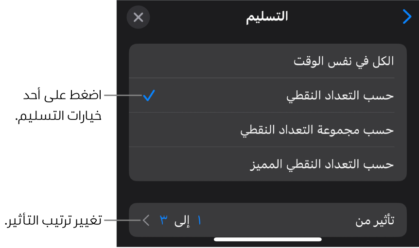 خيارات التسليم في جزء تأثير الدخول.