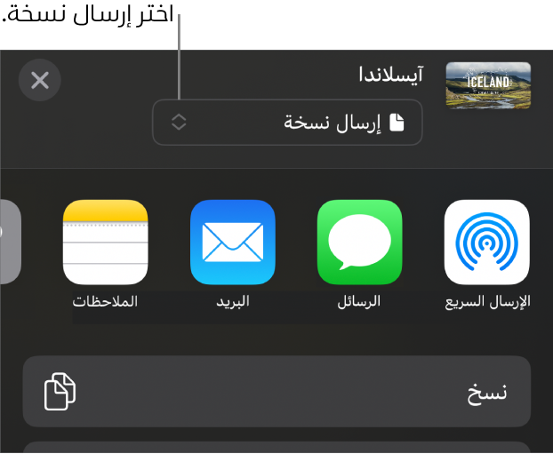 القائمة مشاركة حيث يظهر بها الخيار إرسال نسخة محددًا في الجزء العلوي.