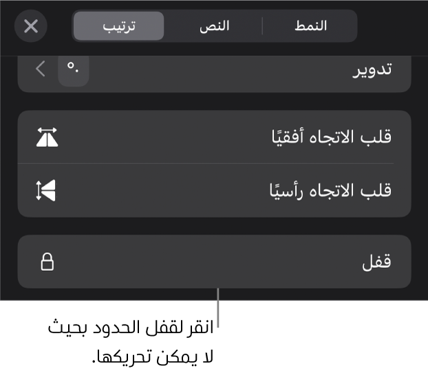 عناصر التحكم في الترتيب في قائمة التنسيق مع وضع وسيلة شرح على زر القفل.