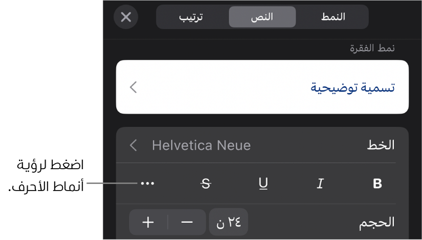 عناصر التحكم في التنسيق وتظهر أنماط الفقرات في الجزء العلوي، ثم عناصر التحكم في الخط. أسفل الخط توجد أزرار عريض ومائل ومسطر ويتوسطه خط والمزيد من خيارات النص.