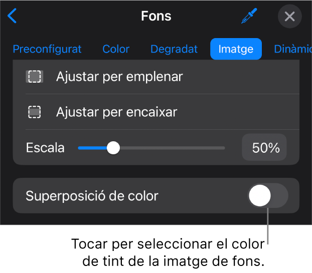 Els controls del fons amb una imatge com a fons de diapositiva i el control “Superposició de color” a la part inferior.