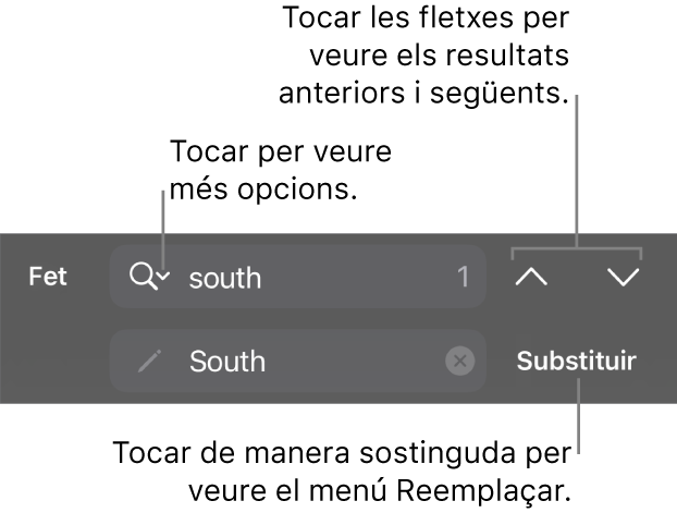 Els controls “Buscar i substituir” a sobre del teclat amb referències als botons “Opcions de cerca”, “Anar amunt” i “Anar avall”.