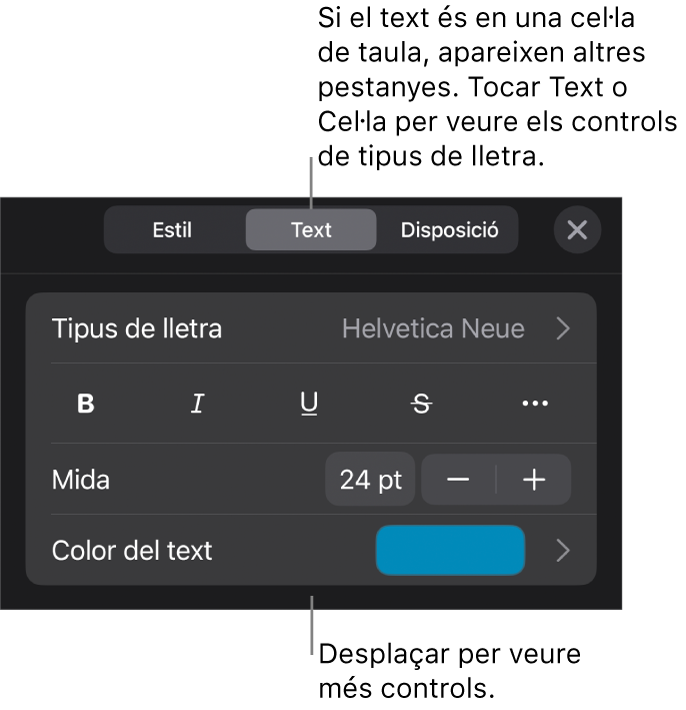 Controls de text al menú Format per definir els estils de paràgraf i de caràcter, el tipus de lletra, la mida i el color.