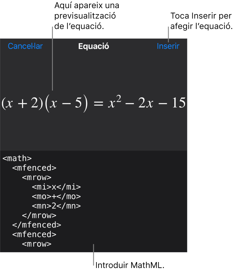 El quadre de diàleg Equació amb una equació escrita amb les ordres MathML i una previsualització de la fórmula al damunt.
