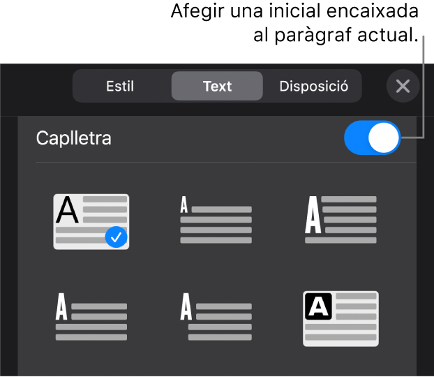 Els controls de Caplletra, ubicats a la part inferior del menú Text.
