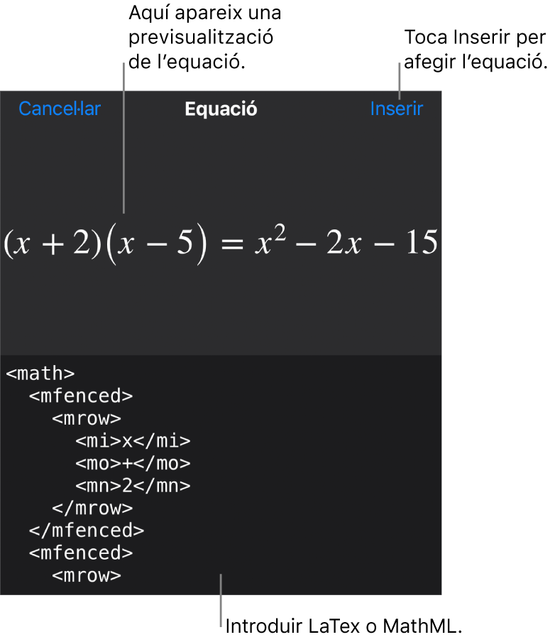 El quadre de diàleg Equació amb una equació escrita amb les ordres MathML i una previsualització de la fórmula al damunt.